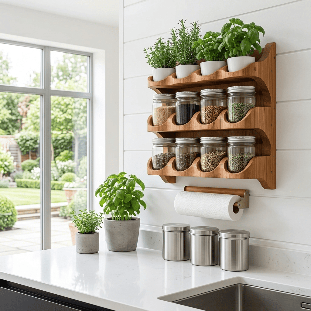 Sculptural natural wood wall spice organizer for a cozy rustic dining nook