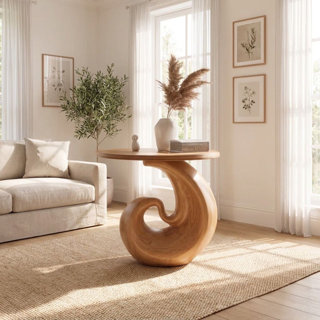 Organic spiral accent table crafted from solid wood