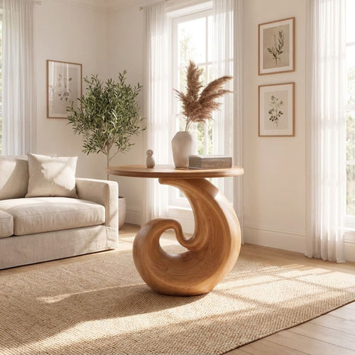 Sculptural Hand-Carved Solid Wood Spiral End Table & Side Table