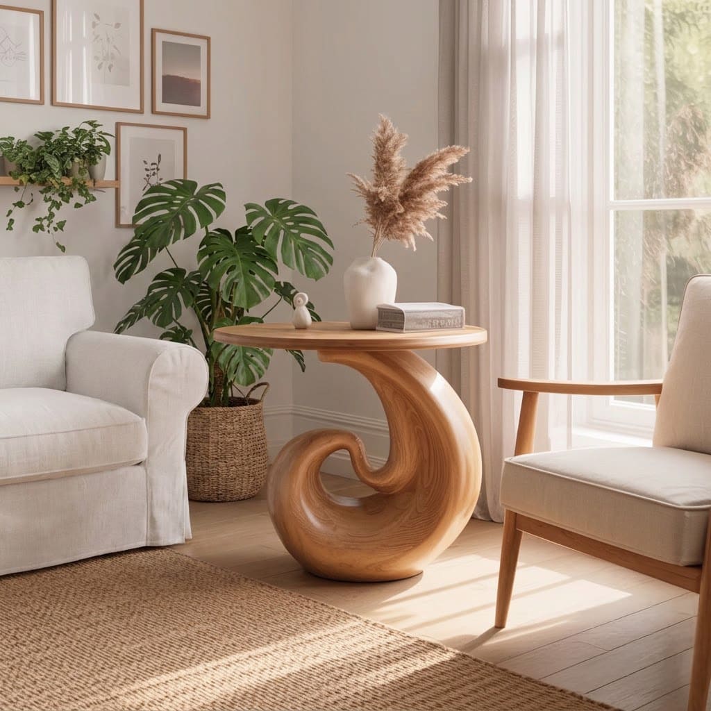 Sculptural solid wood spiral end table in a contemporary living room