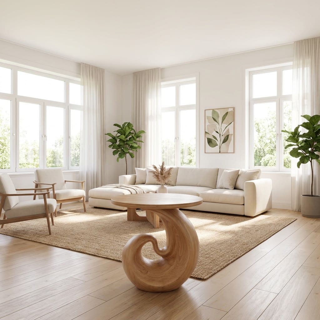 Hand-carved solid wood side table styled beside a modern sofa