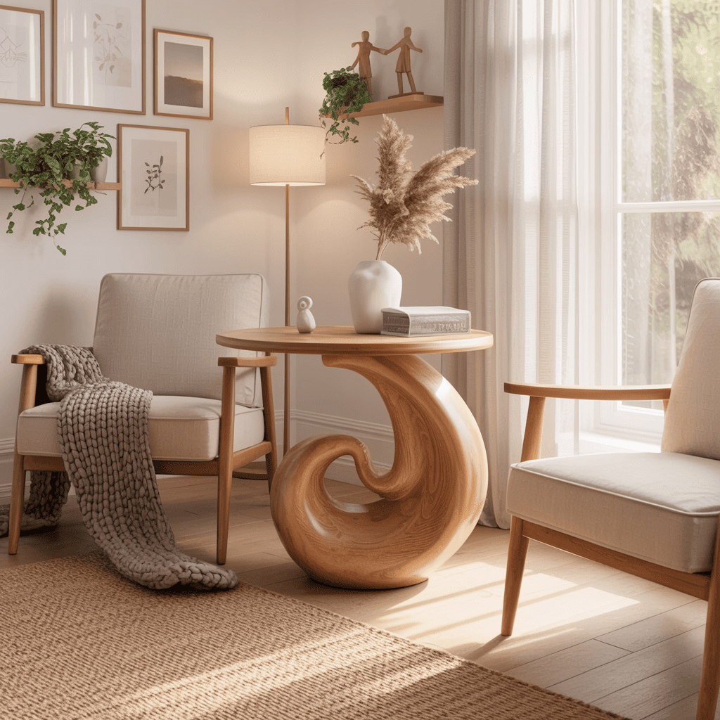 Organic solid wood spiral accent table displayed in a cozy reading nook
