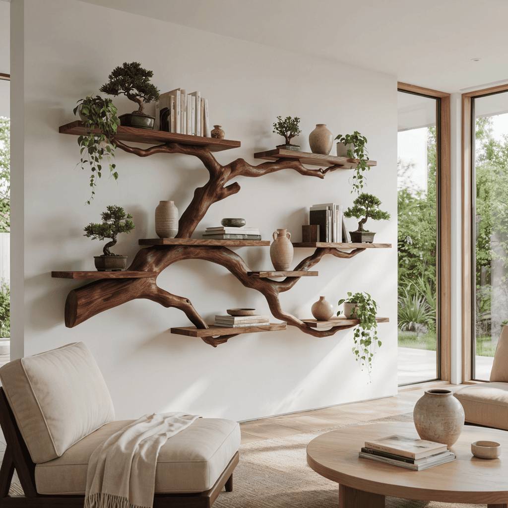 Organic floating display shelf crafted from solid wood