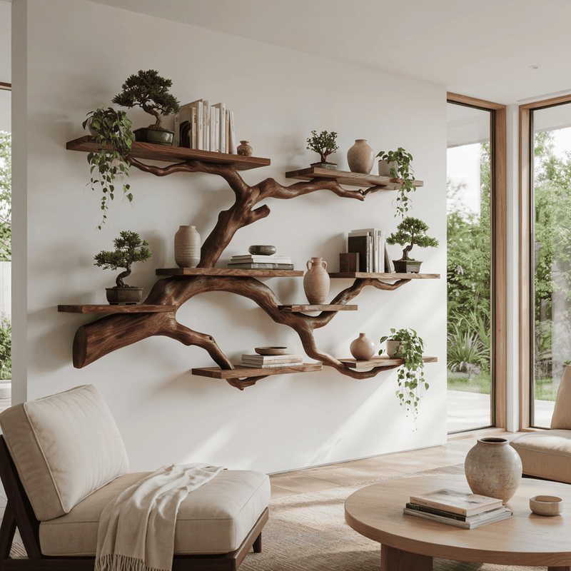 Organic floating display shelf crafted from solid wood