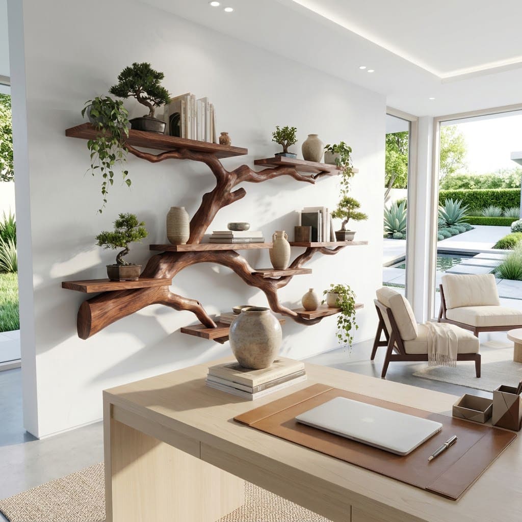 Sculptural solid wood tree branch floating wall shelf system in a contemporary living room