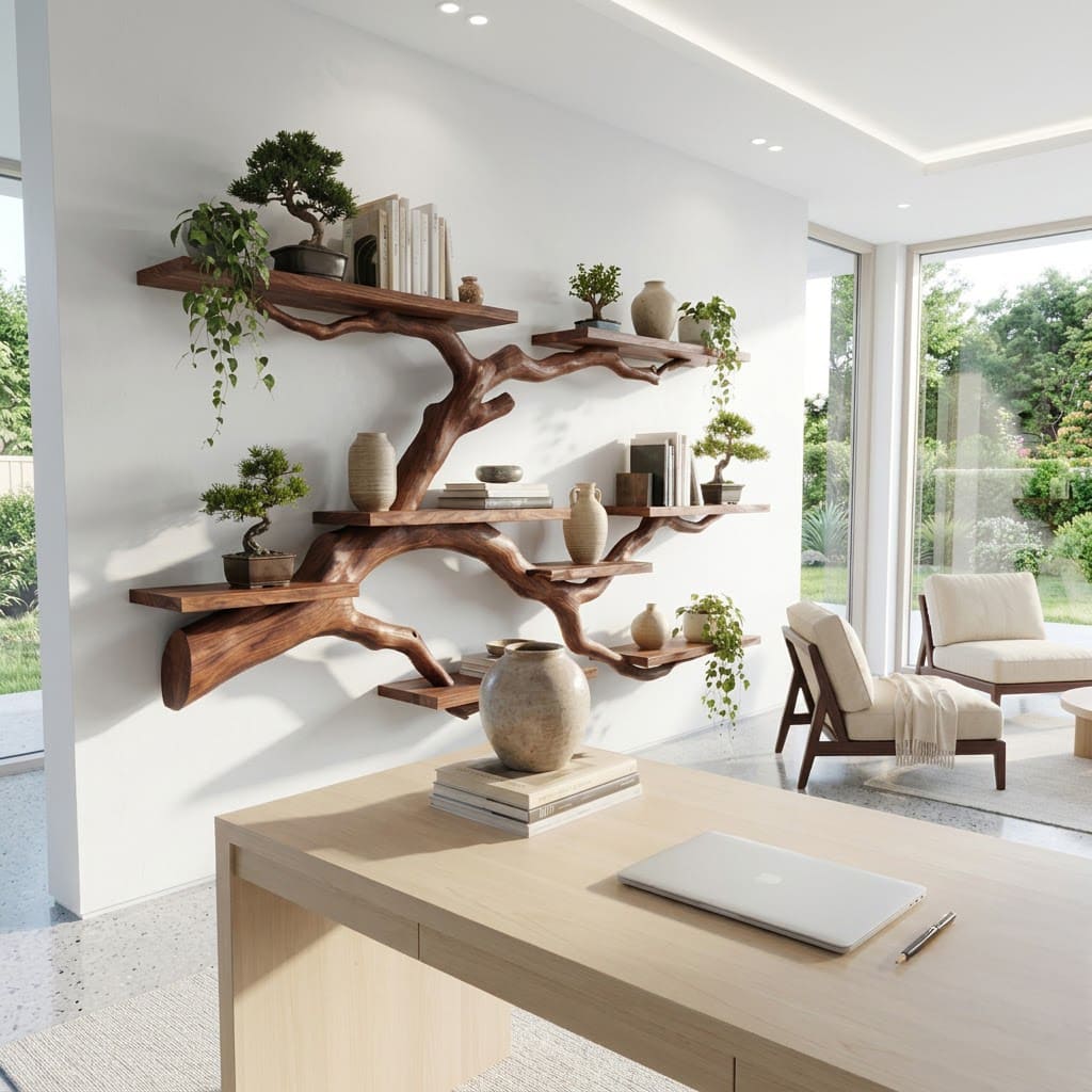 Sculptural solid wood floating wall shelf showcased in an elegant home interior