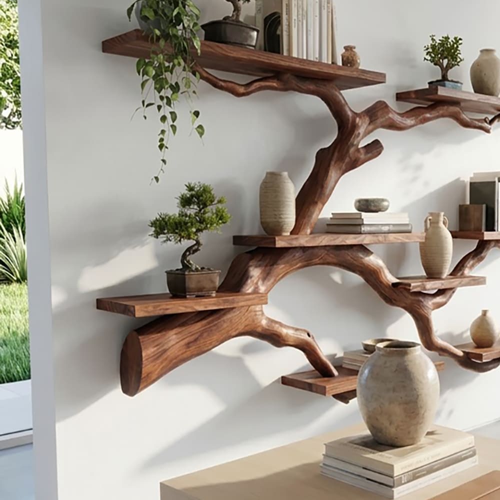Artistic solid wood tree branch floating shelf enhancing a cozy reading nook