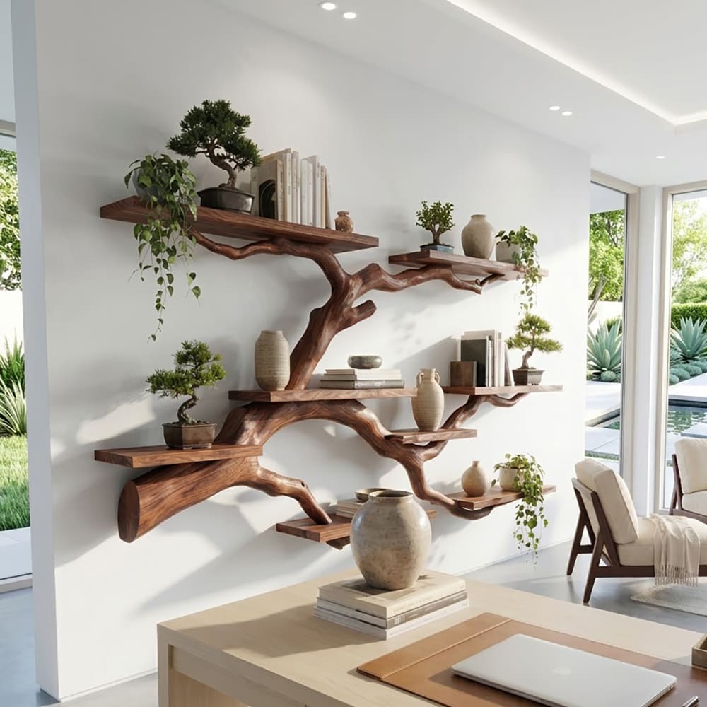 Hand-carved solid wood floating display shelf styled in a modern home office