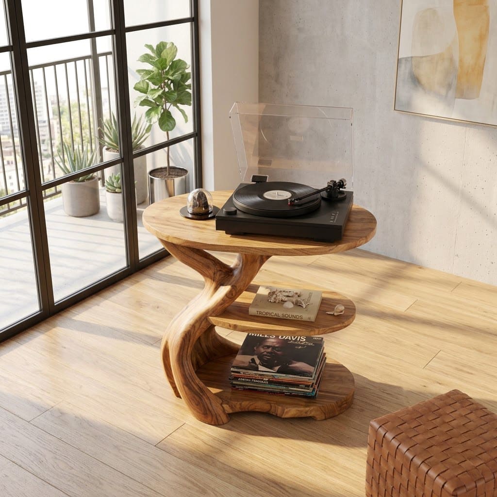 Organic solid wood vinyl record stand displayed in a cozy music corner