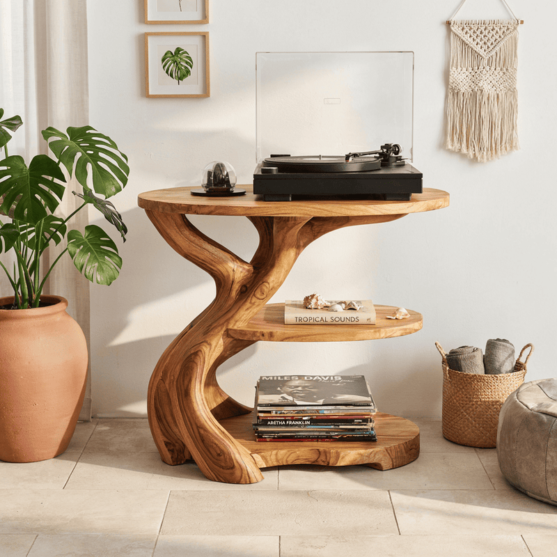 Sculptural tree branch record player stand in solid wood