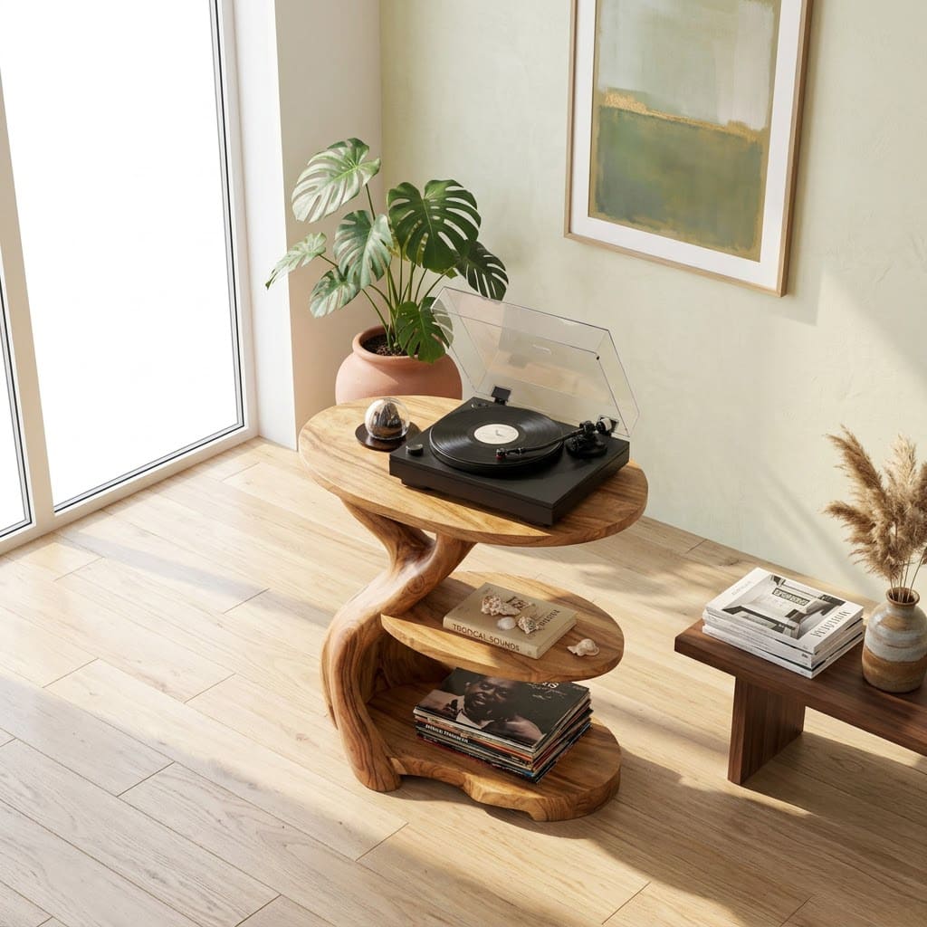 Sculptural solid wood tree branch record player stand showcased in an elegant home interior