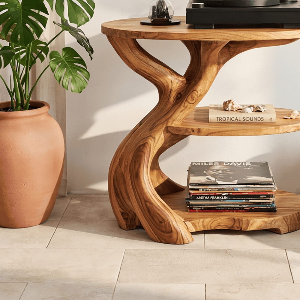 Organic vinyl record stand crafted from solid wood