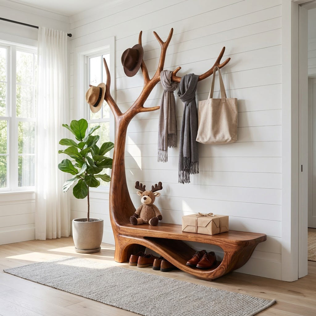 Sculptural hand-carved tree entryway bench with branch coat rack and shoe shelf in solid wood