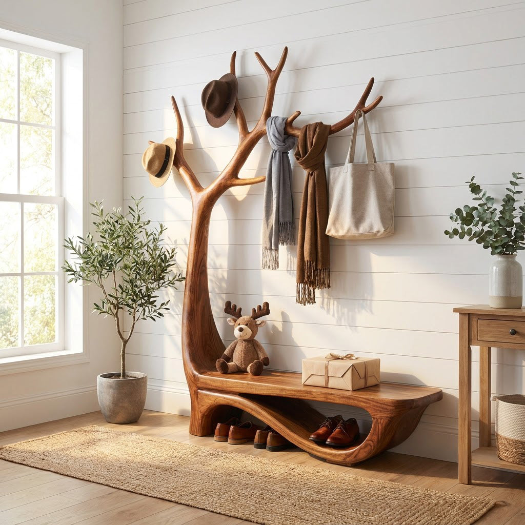 Hand-carved solid wood tree entryway bench with coat rack styled in a welcoming modern foyer