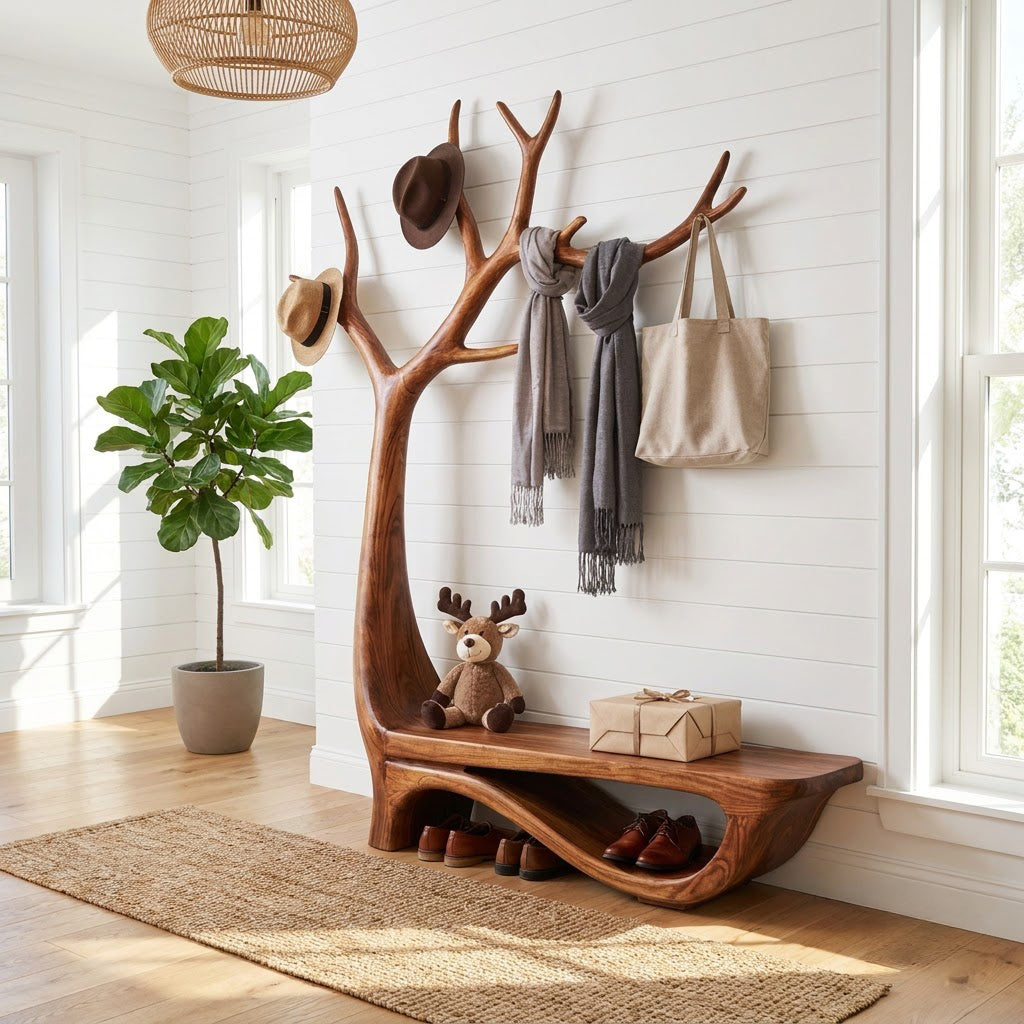 Sculptural natural wood hall tree bench with shoe shelf for an elegant front entrance hallway
