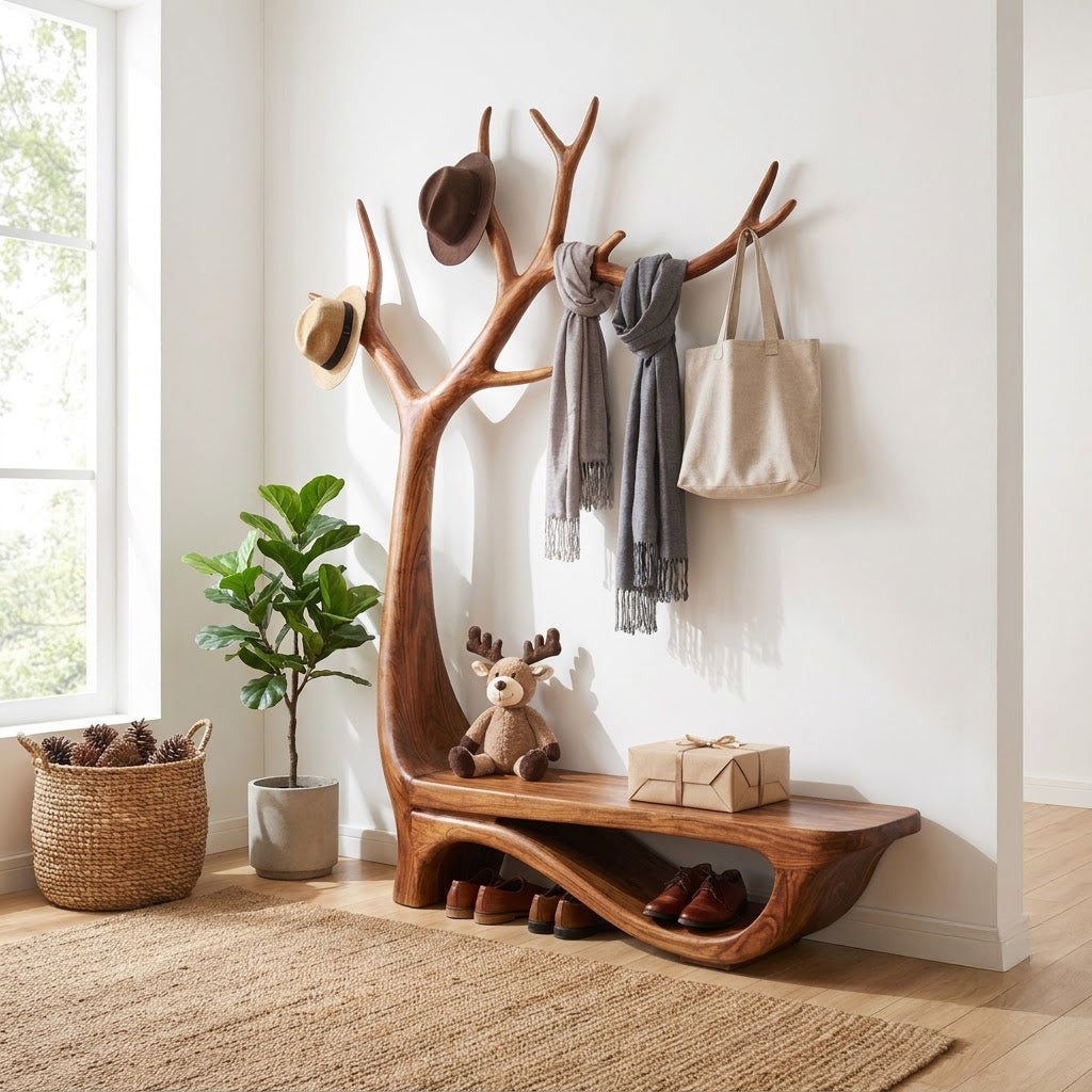 Contemporary solid wood branch coat rack and seating bench placed in an organized mudroom