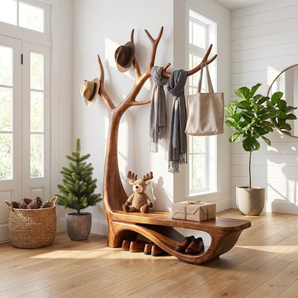 Artisanal solid timber tree entryway bench with integrated storage elevating a luxury home corridor