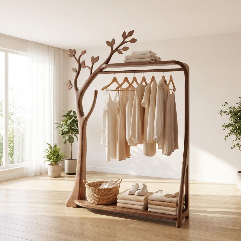 Sculptural hand-carved tree coat hanger and clothing rack in solid wood