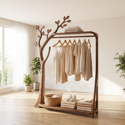 Sculptural Hand-Carved Solid Wood Tree Hanger & Standing Wardrobe Clothing Rack