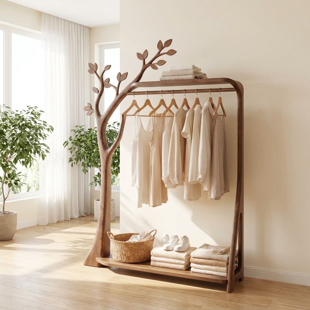 Hand-carved solid wood tree hanger styled with coats in a modern entryway