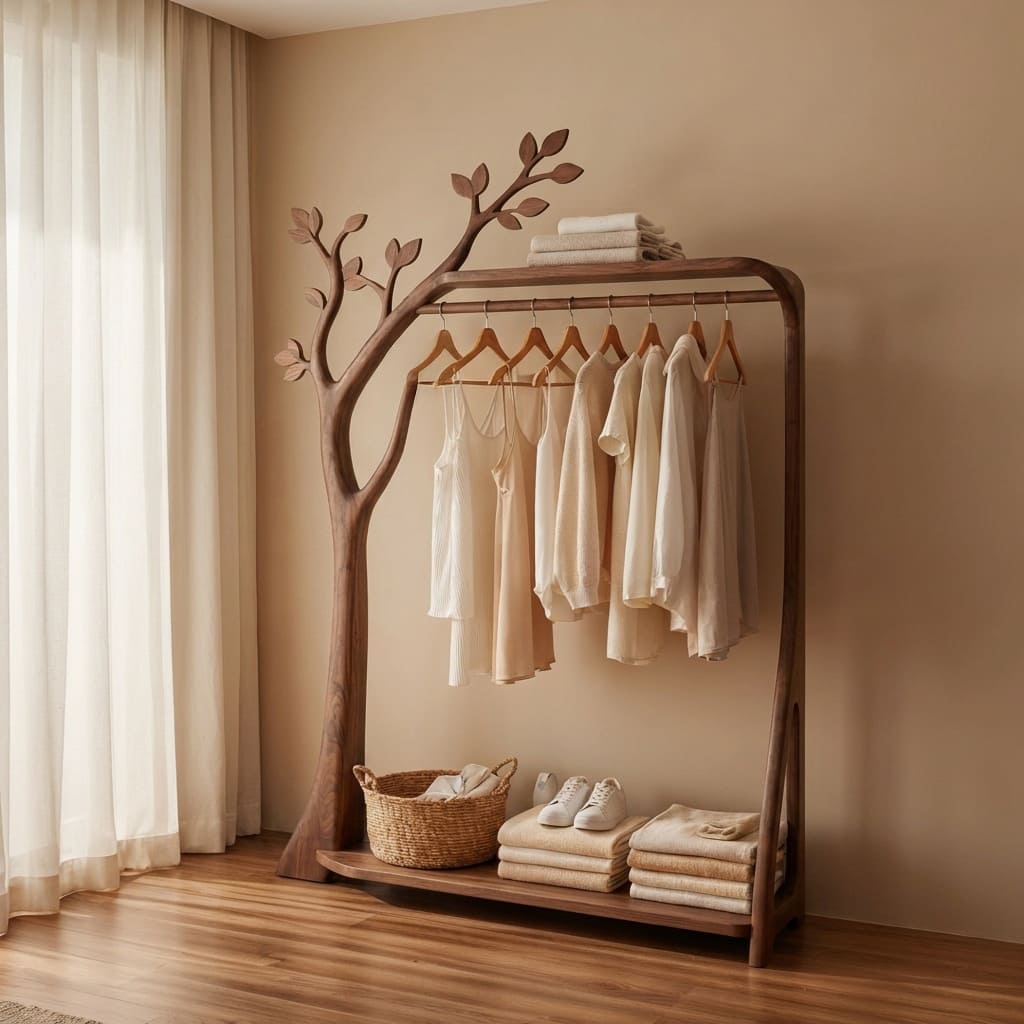 Sculptural natural wood standing clothing rack for an elegant master bedroom corner