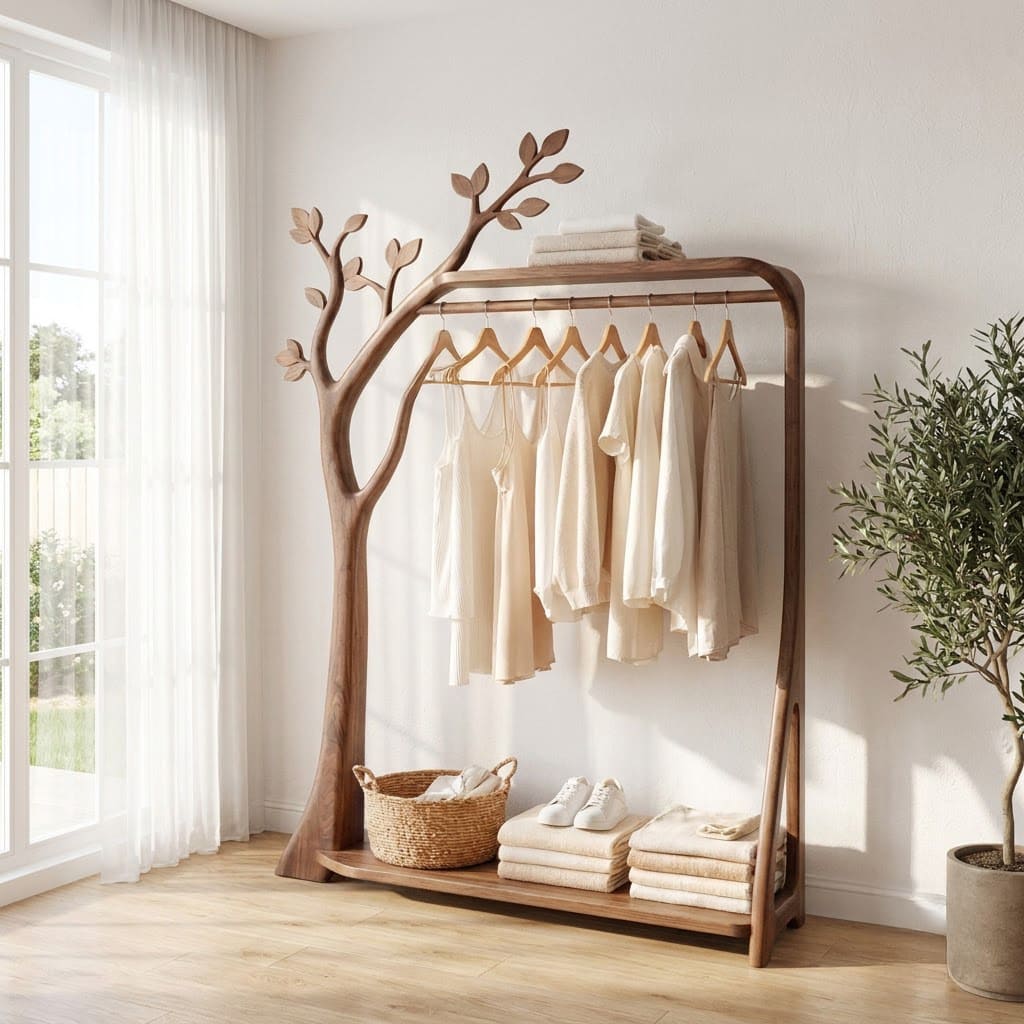 Contemporary solid wood tree wardrobe organizer placed in a boutique walk-in closet