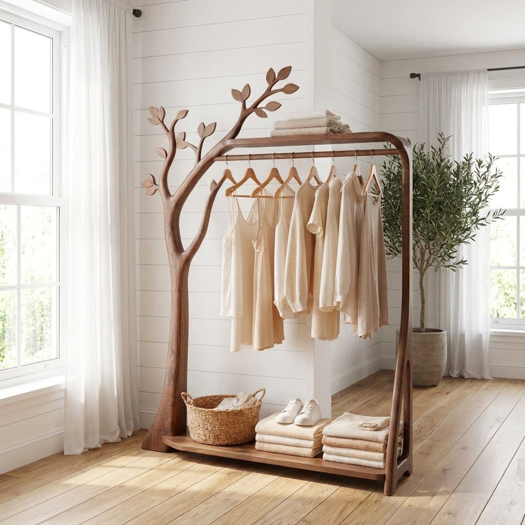 Artisanal solid timber branching coat stand elevating a cozy hallway and foyer area