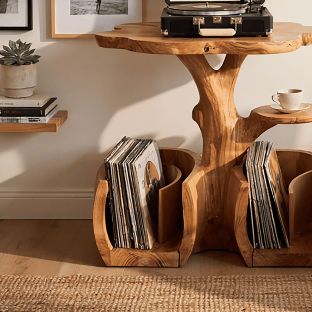 Hand-carved vinyl storage console in solid wood
