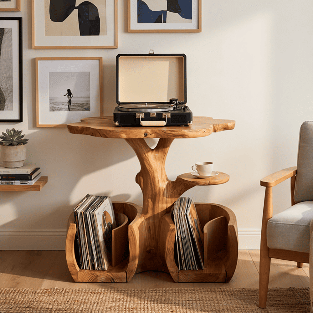Hand-carved solid wood vinyl storage console in a contemporary living room