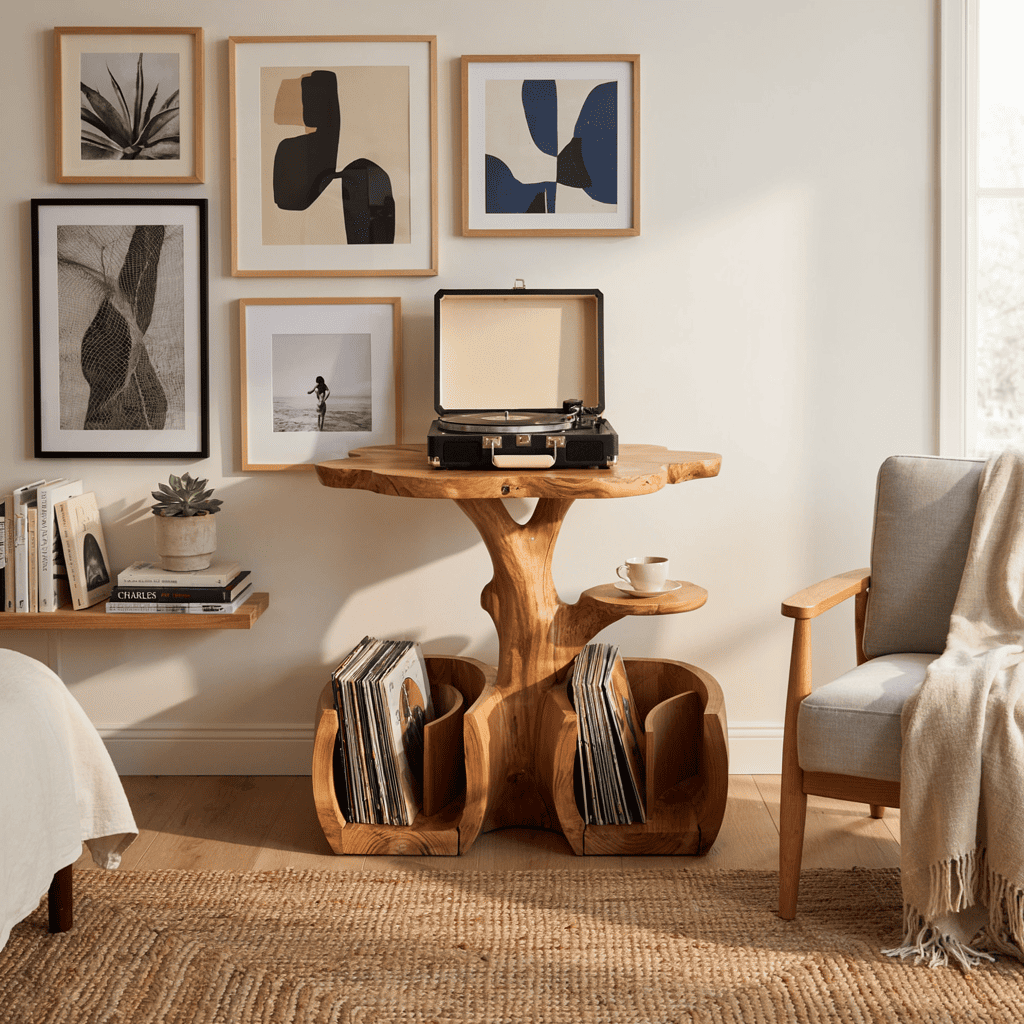Sculptural solid wood record player table enhancing a modern home interior