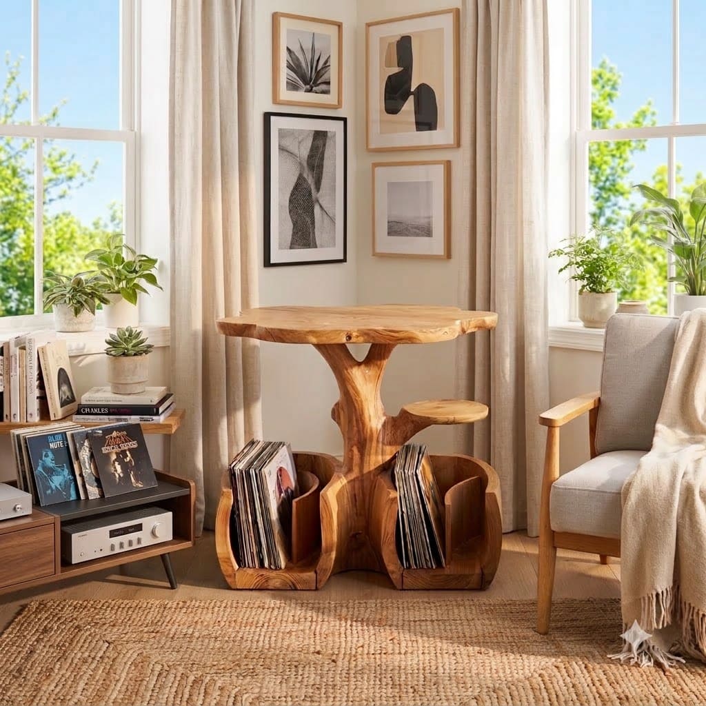 Organic solid wood tree trunk record player stand styled in a cozy music corner