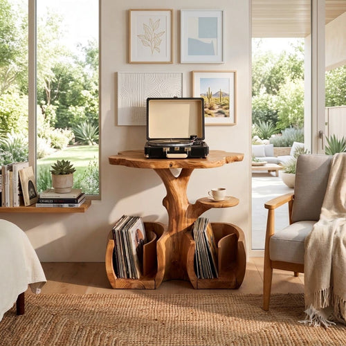 Sculptural Hand-Carved Solid Wood Tree Trunk Record Player Table & Vinyl Storage Console