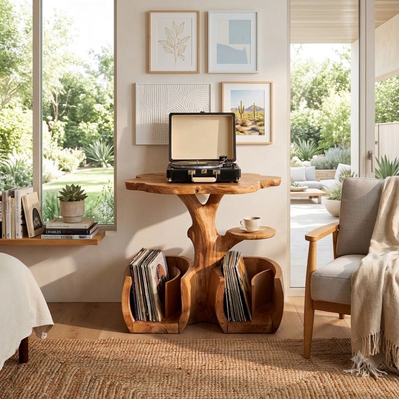 Organic tree trunk record player stand in solid wood