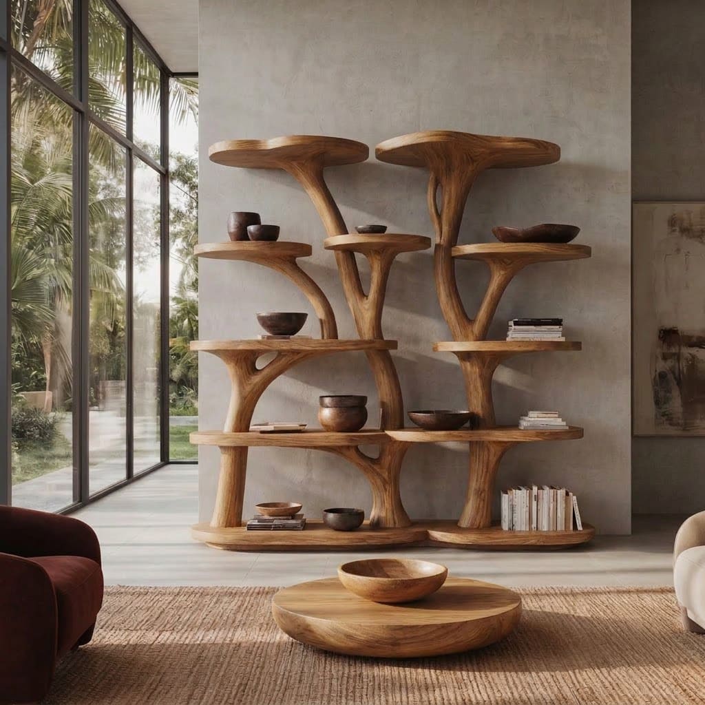 Sculptural hand-carved display bookshelf crafted from solid wood with tree branch details