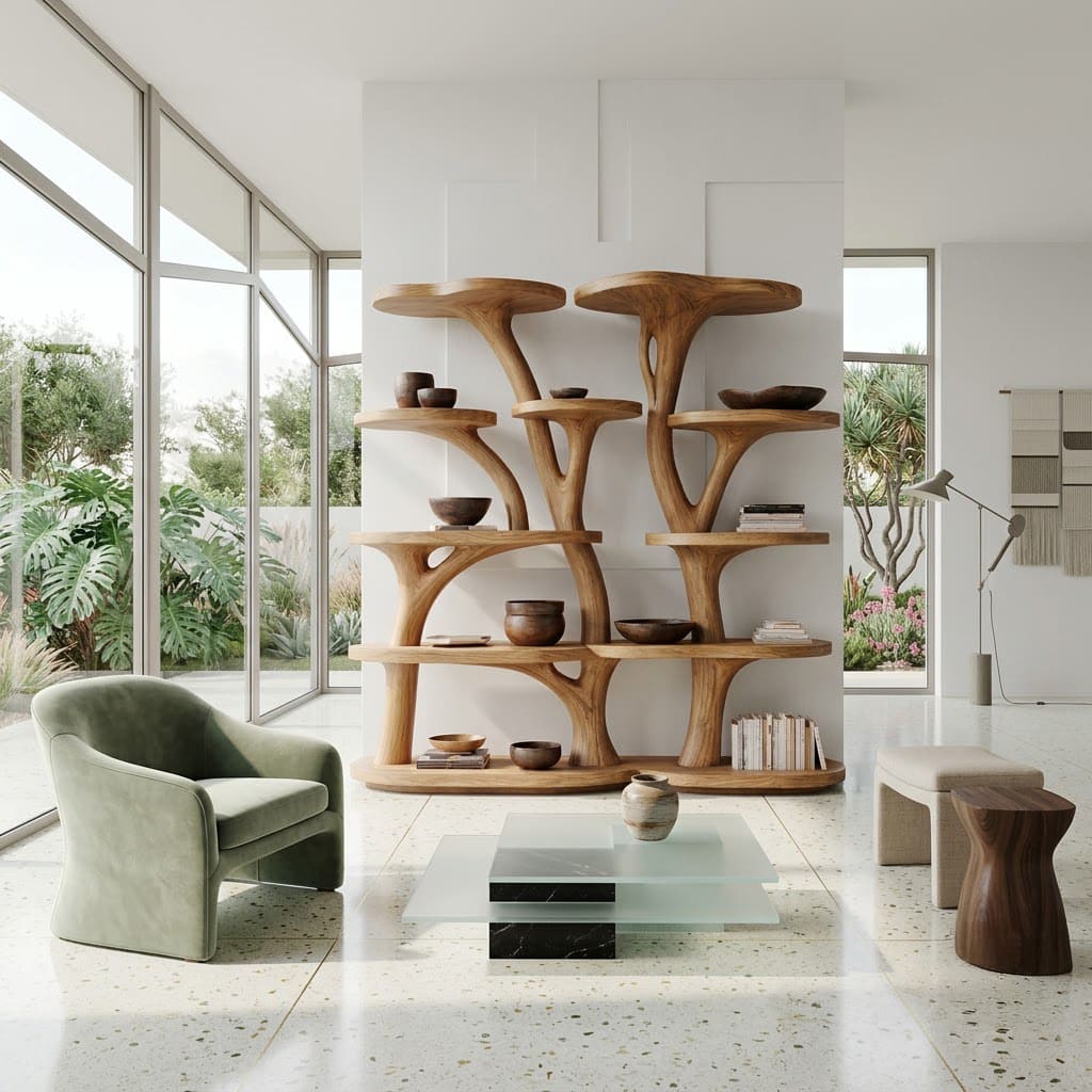 Sculptural hand-carved solid wood display bookshelf with tree branch details for modern living rooms