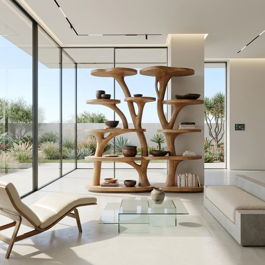Sculptural solid wood display bookshelf with organic branch detailing for stylish living spaces