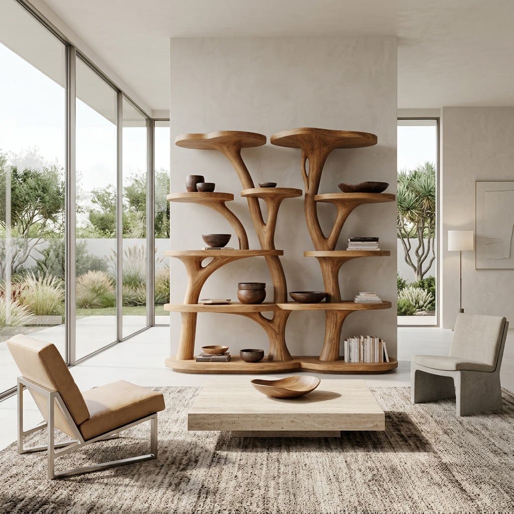 Hand-carved solid wood bookshelf with a natural tree branch design for elegant modern interiors