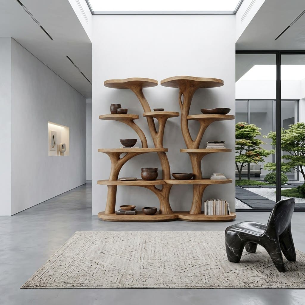 Hand-carved solid wood tree branch bookshelf for contemporary home interiors and display spaces