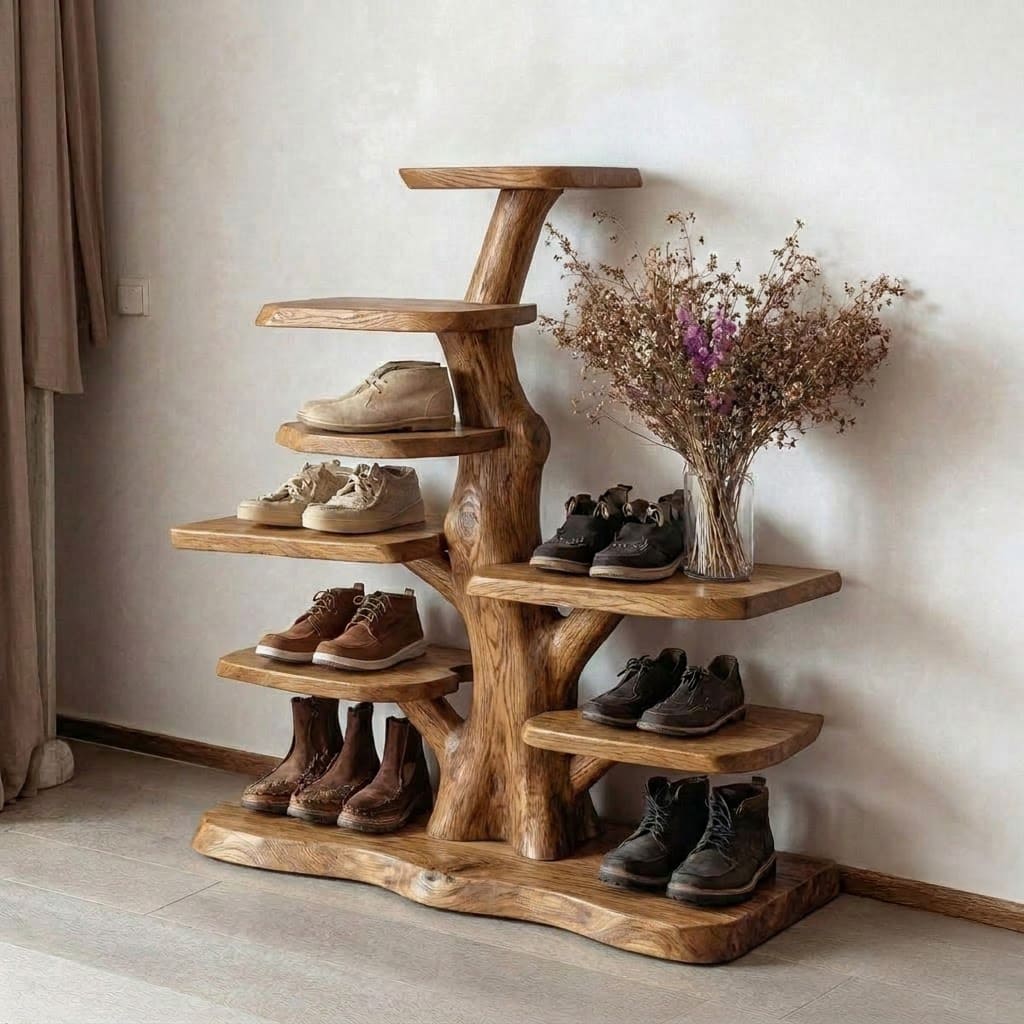 Sculptural organic wall-mounted display shelf crafted from solid wood