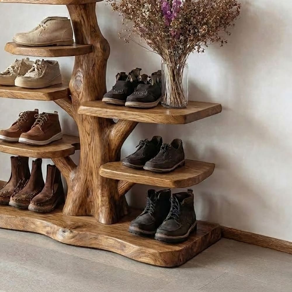 Organic wavy display shelf in solid wood with a sculptural silhouette