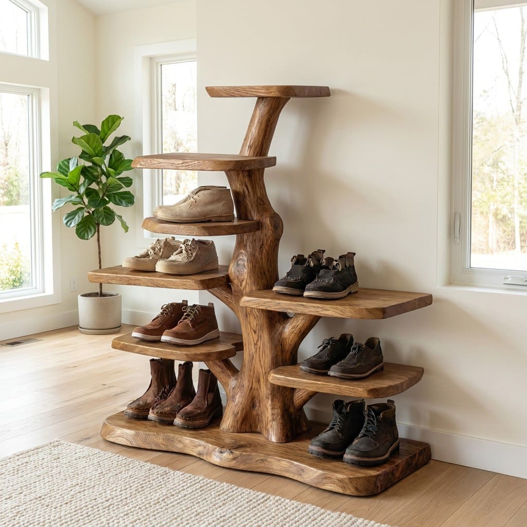 Sculptural organic solid wood wall-mounted display shelf for modern living room interiors