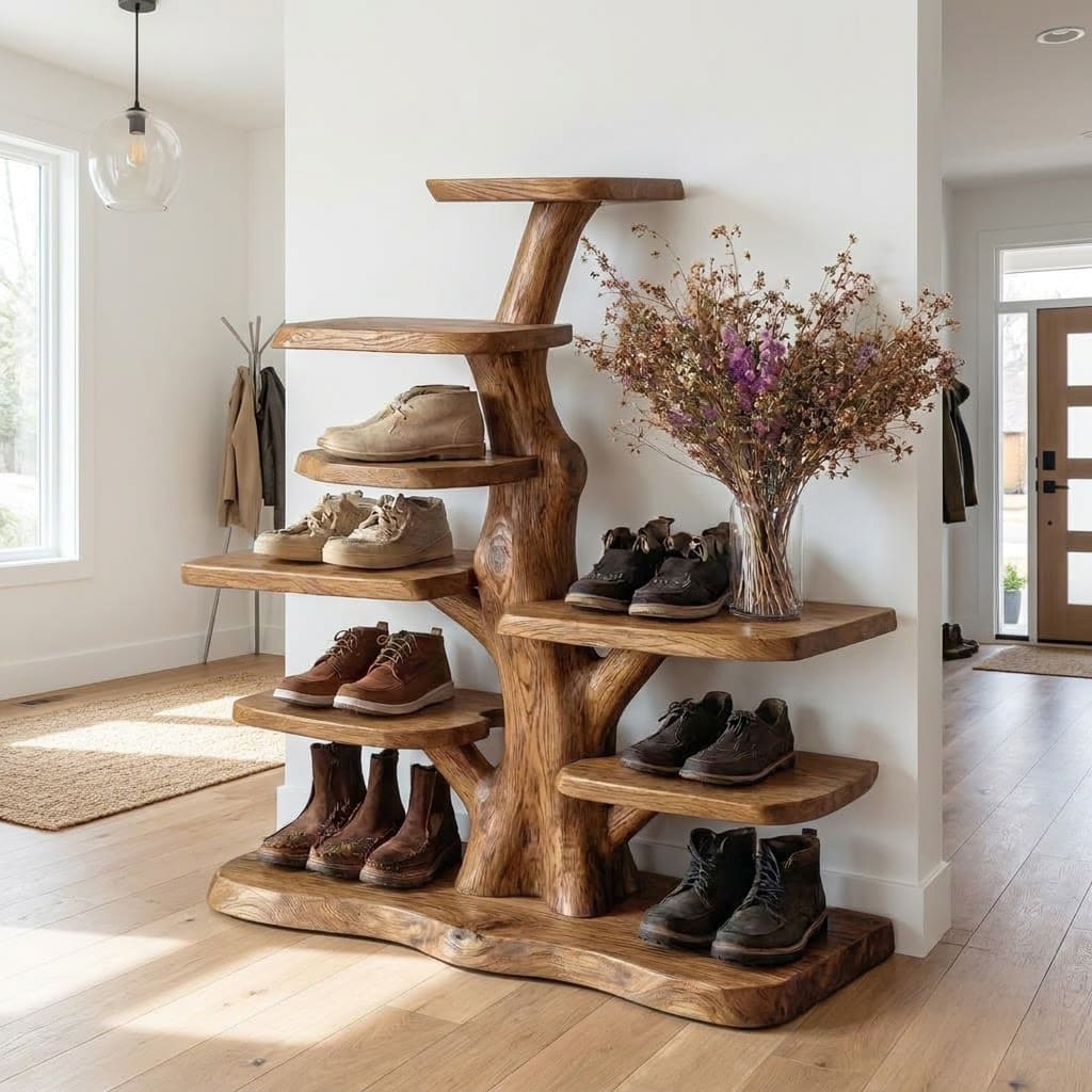 Organic solid wood display shelf with a sculptural wavy design for stylish interiors