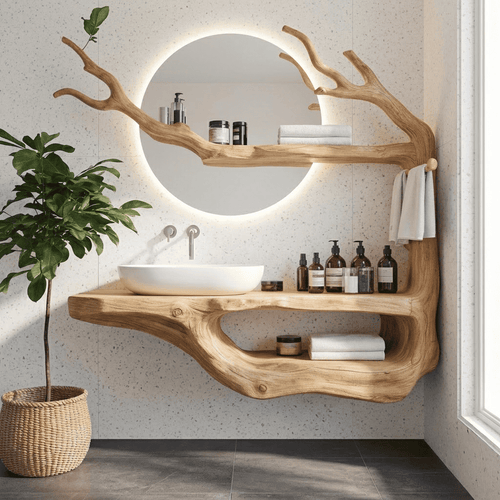 Sculptural Hand-Carved Tree Branch Solid Wood Floating Bathroom Vanity & Wall Shelf Unit