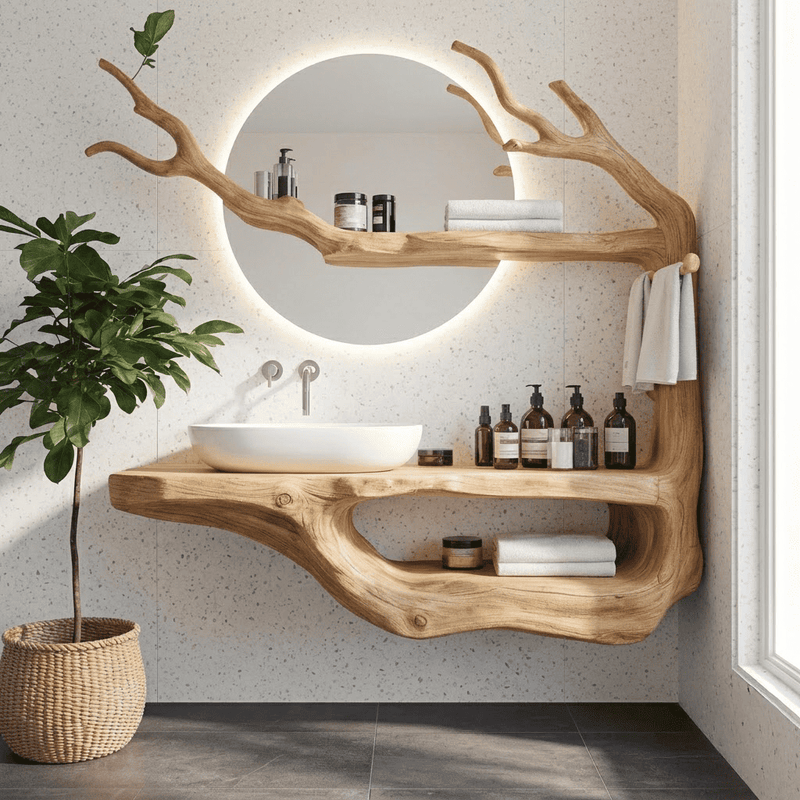 Sculptural floating bathroom vanity crafted from solid wood with hand-carved tree branch details
