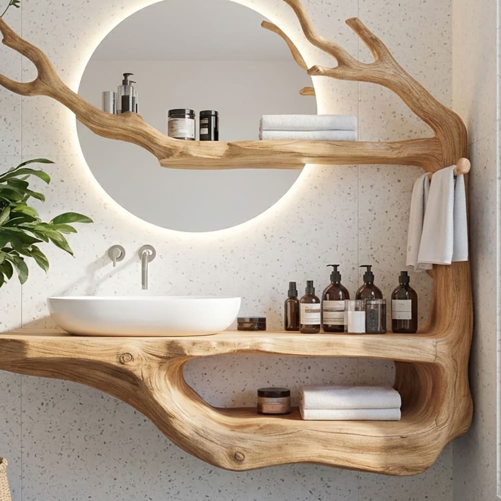 Hand-carved solid wood floating bathroom vanity with a sculptural tree branch design