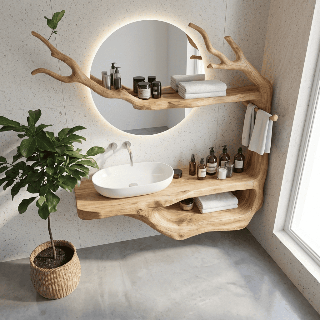 Sculptural hand-carved solid wood floating bathroom vanity with tree branch details and wall shelf for modern bathrooms