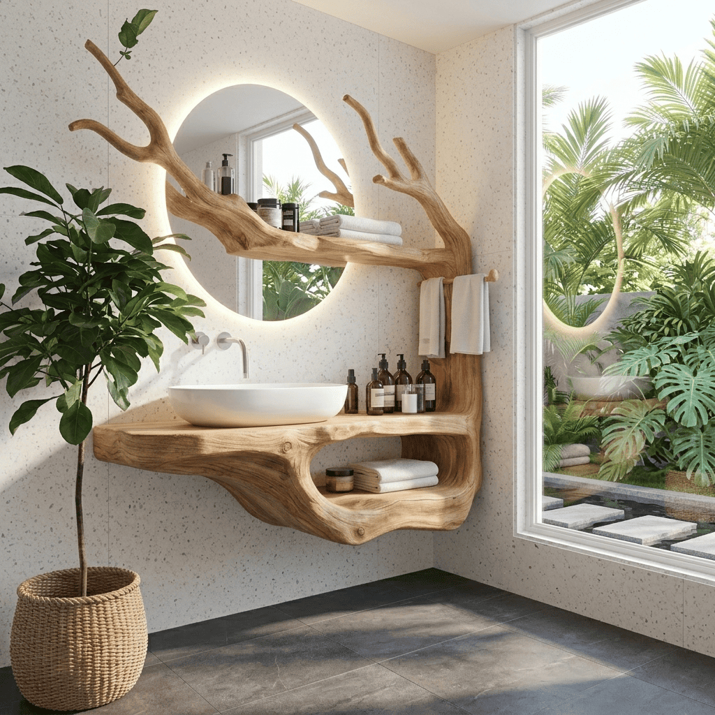 Hand-carved solid wood floating vanity with tree branch design and integrated wall shelf for contemporary bathroom interiors
