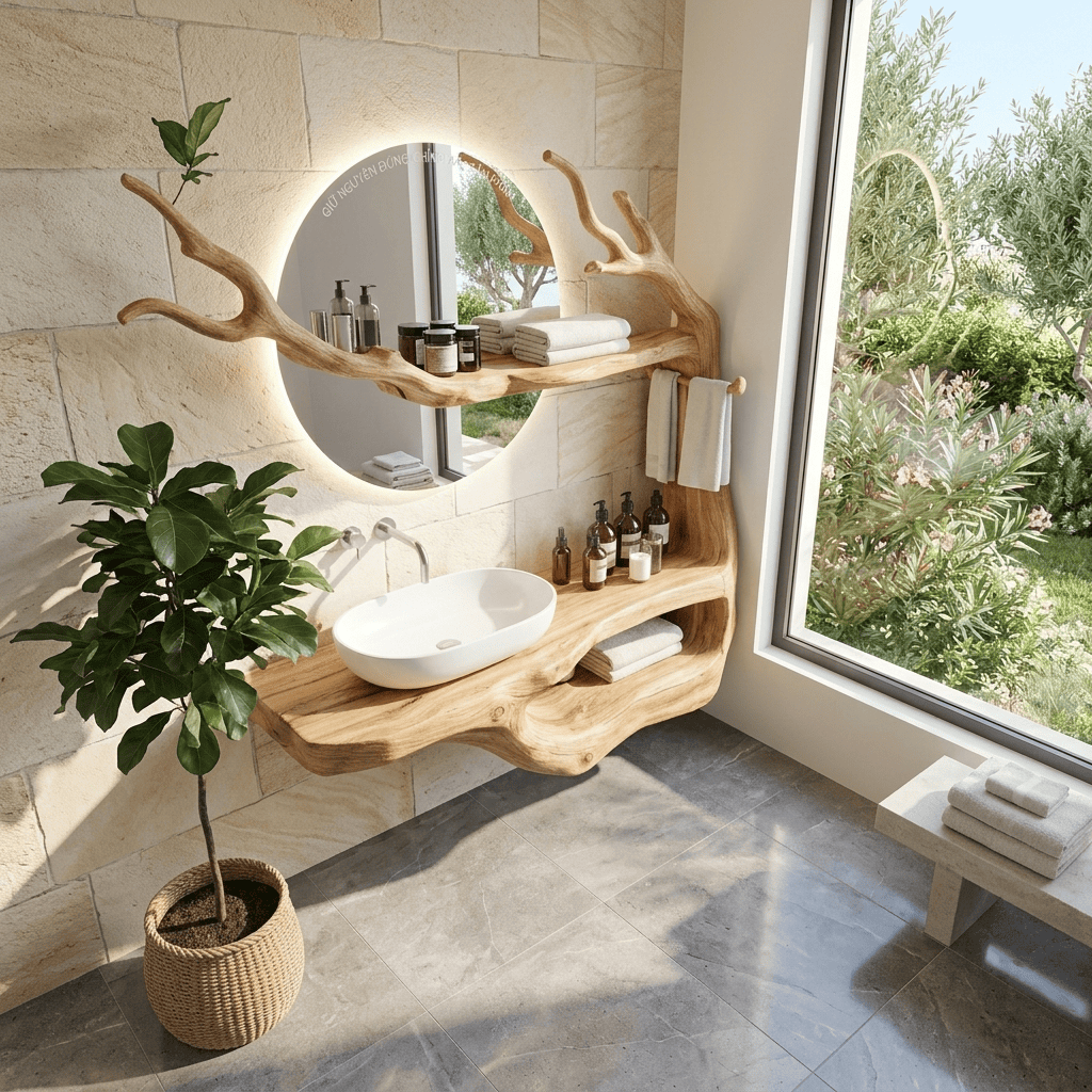 Sculptural solid wood bathroom vanity and wall shelf unit with organic branch detailing for stylish modern spaces