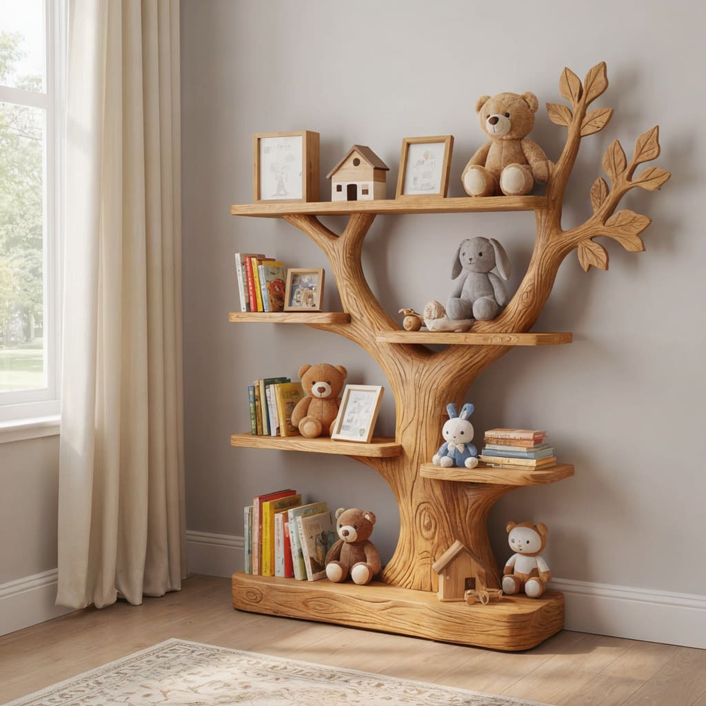 Sculptural kids bookshelf crafted from solid wood with hand-carved tree branch details