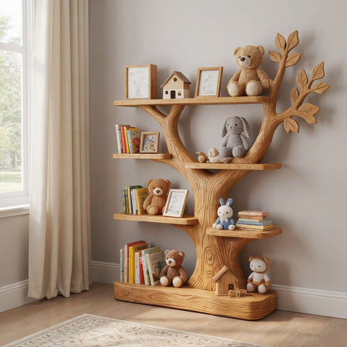 Sculptural Hand-Carved Tree Branch Solid Wood Kids Bookshelf & Nursery Display Unit